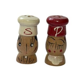 Vintage Wooden Chef Salt & Pepper Shakers Hand Painted 2” Japan